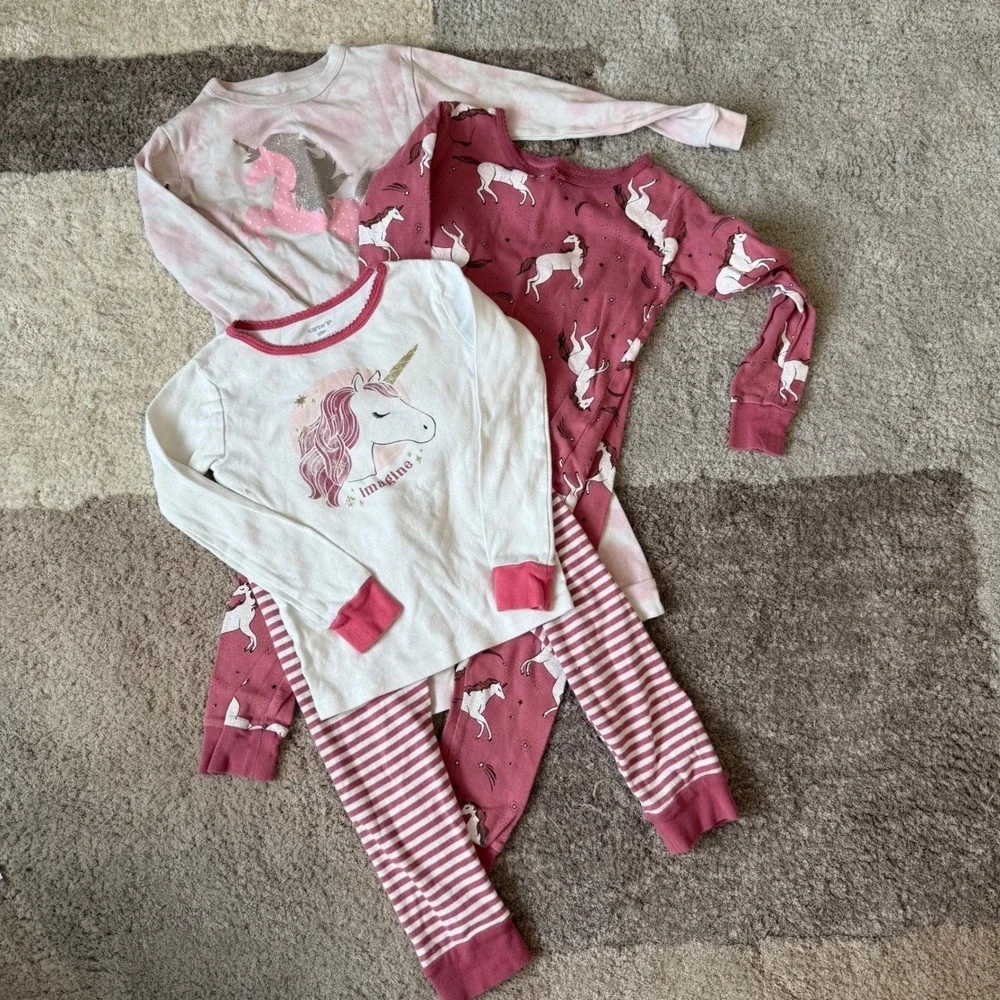Carter's Girls 3-Pack Unicorn Pajama Set Baby Gap Pink Mauve Size 5 Long Sleeve